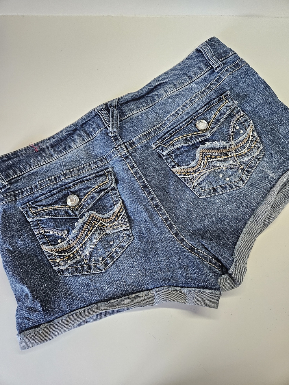 Wallflower Y2K Embellished Pocket Rhinestone Denim Jean Shorts Women Junior 15